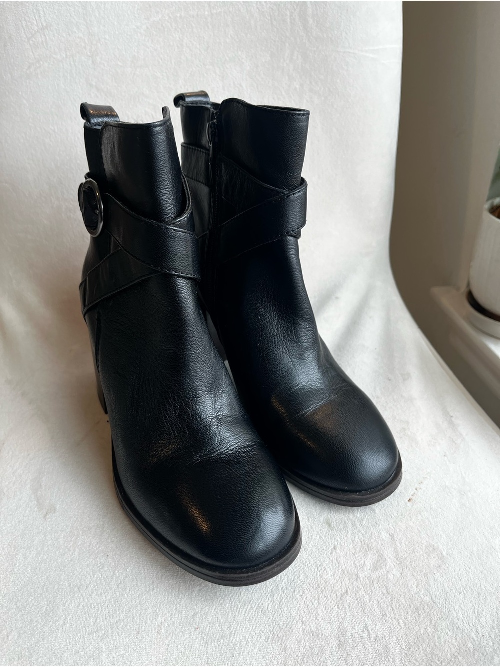 Crown Black Leather Ankle Booties with Buckle Strap